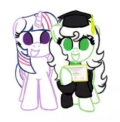 Size: 1788x1820 | Tagged: safe, artist:redcrow32, derpibooru import, twilight sparkle, twilight sparkle (alicorn), oc, oc:anonfilly, alicorn, earth pony, pony, diploma, female, filly, graduation, graduation cap, hat, hoof hold, horn, lineart, looking at you, older, simple background, smiling, white background