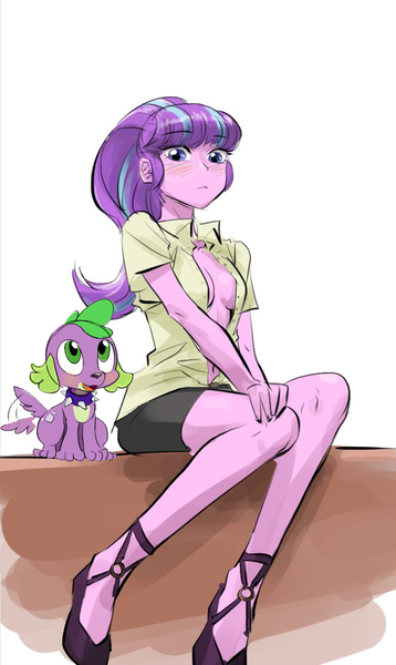 Size: 596x1000 | Tagged: suggestive, artist:invisibleone11, artist:maren, derpibooru import, edit, spike, starlight glimmer, dog, equestria girls, adorasexy, belly button, blushing, braless, breasts, busty starlight glimmer, clothes, cute, female, legs, male, miniskirt, moe, no bra underneath, open clothes, open shirt, ponytail, sexy, shipping, shirt, shoes, sitting, size difference, skirt, sparlight, spike the dog, straight, unbuttoned