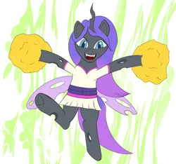 Size: 1503x1404 | Tagged: artist:theyellowcoat, bipedal, changeling, changeling oc, cheer, cheerleader, cheerleader outfit, clothes, derpibooru import, female, jumping, mare, oc, oc:viciz, pom pom, purple changeling, safe, simple background, smiling, unofficial characters only