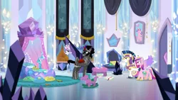 Size: 1280x720 | Tagged: safe, derpibooru import, screencap, king sombra, princess cadance, princess flurry heart, shining armor, pony, the beginning of the end, crystal empire, dark magic, hostage, magic