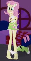 Size: 850x1671 | Tagged: suggestive, artist:grapefruitface1, artist:sapphirescarletta, derpibooru import, fluttershy, equestria girls, barefoot, bed, bedroom, blushing, clothes, dropped pants, feet, old outfit, panties, skirt, solo, tanktop, underwear, white underwear, window