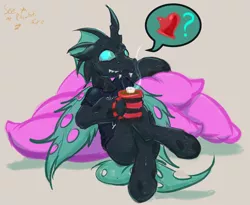 Size: 1952x1600 | Tagged: safe, artist:frist44, derpibooru import, oc, oc:chelicera, changeling, pony, changeling oc, chocolate, crossed legs, food, freddy krueger, green changeling, hoof hold, hot chocolate, male, marshmallow, pictogram, pillow, pillowfort, solo