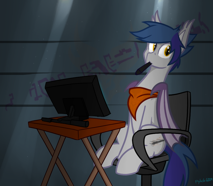 Size: 949x829 | Tagged: safe, artist:flylash6009, derpibooru import, oc, oc:flylash, unofficial characters only, bat pony, pony, bat pony oc, bat wings, computer chair, dark room, drawing tablet, fake cutie mark, looking at you, pen on mouth, sitting, smeared cutie mark, solo, table, unknown texts, wings