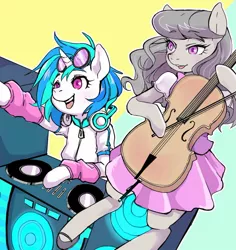 Size: 1000x1060 | Tagged: safe, artist:hobilo, derpibooru import, octavia melody, vinyl scratch, earth pony, semi-anthro, unicorn, cello, clothes, cute, duo, female, glasses, headphones, jacket, mary janes, musical instrument, shoes, skirt, sunglasses, vinylbetes