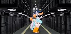 Size: 1675x815 | Tagged: safe, artist:jawsandgumballfan24, derpibooru import, copper top, cozy glow, pegasus, pony, arrested, clothes, cozybuse, crying, female, filly, jail, jail cell, mare, police officer, prison, prison outfit, sad, sunglasses, wavy mouth