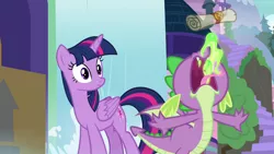 Size: 1280x720 | Tagged: safe, derpibooru import, screencap, spike, twilight sparkle, twilight sparkle (alicorn), alicorn, dragon, pony, the point of no return, burp, claws, dragon mail, dragonfire, duo, female, fire, forked tongue, green fire, male, mare, scroll, winged spike, wings