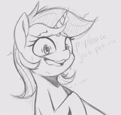 Size: 663x631 | Tagged: suggestive, artist:tre, derpibooru import, lyra heartstrings, pony, unicorn, aroused, bust, dialogue, edging, female, gray background, grayscale, looking at you, mare, monochrome, open mouth, simple background, solo, sweat, talking to viewer, wavy mouth, wide eyes