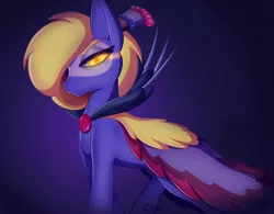 Size: 4000x3125 | Tagged: safe, artist:cha-squared, derpibooru import, oc, oc:precious feather, pony, alternate color palette, dark background, female, glowing eyes, jewelry, looking at you, orange eyes, peacock pony, simple background, solo