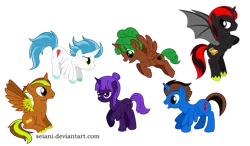 Size: 1024x600 | Tagged: safe, artist:seiani, derpibooru import, oc, oc:captain dragontail, oc:grapp, oc:mama ootu, oc:master mist, oc:monkey king, oc:trunket, unofficial characters only, alicorn, bat pony, bat pony alicorn, pony, alicorn oc, bat wings, female, flying, horn, male, mare, simple background, stallion, transparent background, wings