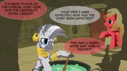 Size: 1280x720 | Tagged: safe, artist:curiousglaistig, derpibooru import, zecora, oc, oc:pun, earth pony, pony, zebra, ask pun, ask, cauldron, female, mare