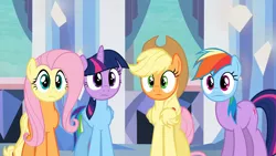 Size: 1024x576 | Tagged: safe, derpibooru import, edit, edited screencap, screencap, applejack, fluttershy, rainbow dash, twilight sparkle, alicorn, earth pony, pegasus, pony, the crystal empire, 1000 years in photoshop, body swap, head swap