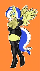 Size: 1745x3085 | Tagged: suggestive, artist:belaboy, derpibooru import, oc, oc:lemon frost, unofficial characters only, anthro, pegasus, ass, big breasts, booty shorts, breasts, butt, clothes, evening gloves, female, fishnet clothing, fishnets, gloves, latex, latex boots, long gloves, solo, solo female
