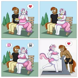 Size: 2300x2300 | Tagged: adorafatty, anthro, artist:lordstormcaller, bbw, belly, belly button, bench, big belly, big breasts, blushing, boyfriend and girlfriend, breasts, buttonbetes, button mash, chubby chaser, clothes, cookie dough, cute, date, derpibooru import, eating, embarrassed, exercise, fat, fat fetish, feedee belle, female, fetish, heart, male, muscles, need to go on a diet, need to lose weight, obese, older, park, partial nudity, pictogram, puffy cheeks, scales, shipping, shorts, skirt, straight, suggestive, sweat, sweetie belle, sweetie belly, sweetiemash, tanktop, that pony sure does love cookies, that pony sure does love fatty, topless, treadmill, tree, weight gain, weight gain sequence, workout, workout outfit