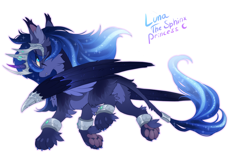 Size: 1280x839 | Tagged: alternate design, artist:hioshiru, chest fluff, crown, curved horn, cute, derpibooru import, ear fluff, fluffy, horn, jewelry, leg fluff, leonine tail, multicolored hair, paws, princess luna, regalia, safe, species swap, sphinx, sphinxified, tail fluff