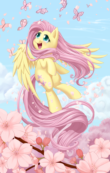 Size: 3323x5225 | Tagged: safe, artist:dstears, derpibooru import, fluttershy, butterfly, pegasus, pony, amazed, animal, cute, female, flower, flying, happy, looking at something, looking up, mare, open mouth, outdoors, shyabetes, sky, smiling, solo, spread wings, tree, windswept mane, wings