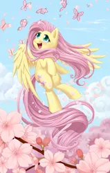 Size: 3323x5225 | Tagged: safe, artist:dstears, derpibooru import, fluttershy, butterfly, pegasus, pony, amazed, animal, cute, female, flower, flying, happy, looking at something, looking up, mare, open mouth, outdoors, shyabetes, sky, smiling, solo, spread wings, tree, windswept mane, wings