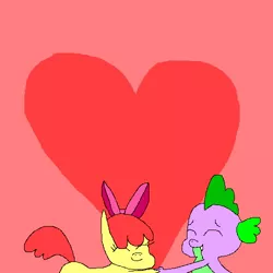 Size: 500x500 | Tagged: safe, artist:undeadponysoldier, derpibooru import, apple bloom, spike, dragon, 1000 hours in ms paint, bow, could be better, cute, female, filly, heart, holding hands, holiday, male, pixel art, shipping, spikebloom, straight, valentine's day