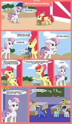 Size: 7000x12000 | Tagged: safe, artist:chedx, derpibooru import, apple bloom, gallop j. fry, russell, snips, sweetie belle, truffle shuffle, oc, oc:fudge cookie, pony, bucket, chubby, circle, colt, comic, commission, female, filly, funny, male, misunderstanding, round, school