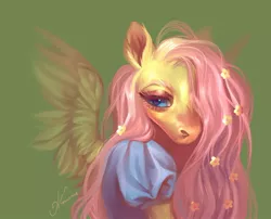 Size: 1280x1033 | Tagged: safe, artist:annyli4, derpibooru import, fluttershy, pegasus, pony, bust, clothes, ear fluff, female, flower, flower in hair, fluffy, green background, hair over one eye, hoers, mare, portrait, simple background, solo, uncanny valley, wings