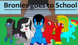 Size: 3048x1776 | Tagged: safe, artist:jamescider, derpibooru import, oc, oc:creamcake, oc:prince rainbow fire, oc:red smaragd, oc:shooter armstrong, oc:tempo cider, oc:toxic plunge, oc:trust moon, unofficial characters only, pony, comic:bronies go to school, afro, creamy cider, friendship, grammar error, opening theme