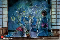 Size: 3332x2259 | Tagged: safe, artist:mashiromiku, derpibooru import, oc, oc:miki, oc:mimi, human, pony, clothes, female, fireworks, human female, kimono (clothing), patreon, patreon logo, traditional art, watercolor painting