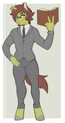 Size: 1218x2300 | Tagged: safe, artist:antelon, derpibooru import, oc, oc:psy key, unofficial characters only, anthro, unguligrade anthro, unicorn, anthro oc, book, clothes, colored hooves, glasses, necktie, solo, suit, tuxedo