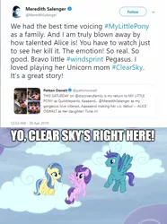 Size: 646x870 | Tagged: safe, derpibooru import, edit, edited screencap, screencap, clear skies, open skies, sunshower, pegasus, pony, common ground, tanks for the memories, caption, female, image macro, impact font, implied clear sky, implied wind sprint, male, mare, meme, meredith salenger, meta, patton oswalt, stallion, text, text edit, twitter, yo