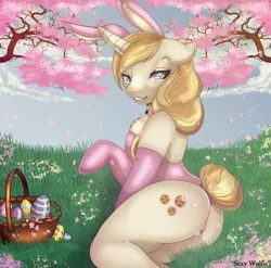 Size: 3000x2961 | Tagged: suggestive, artist:shadydemonwolf, derpibooru import, sweet biscuit, pony, semi-anthro, basket, bunny ears, bunny suit, butt, clothes, easter, easter basket, easter egg, evening gloves, gloves, grass, holiday, leotard, long gloves, looking at you, looking back, looking back at you, outdoors, plot, tree