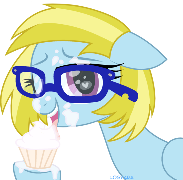 Size: 1776x1749 | Tagged: suggestive, artist:losyara, derpibooru import, oc, oc:cloud cuddler, unofficial characters only, pegasus, pony, cake, eating, food, frosting, glasses, heart eyes, licking, messy, messy eating, one eye closed, simple background, tongue out, transparent background, wingding eyes