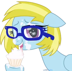 Size: 1776x1749 | Tagged: suggestive, artist:losyara, derpibooru import, oc, oc:cloud cuddler, unofficial characters only, pegasus, pony, cake, eating, food, frosting, glasses, heart eyes, licking, messy, messy eating, one eye closed, simple background, tongue out, transparent background, wingding eyes