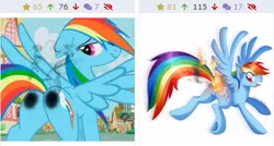 Size: 458x246 | Tagged: suggestive, artist:ambunny, derpibooru import, edit, edited screencap, screencap, rainbow dash, pegasus, pony, derpibooru, abuse, burned, burned butt, burning, butt, butt fire, dashabuse, female, fire, juxtaposition, literal butthurt, meta, on fire, pain, plot, sexy, singed, smoke, this is going to hurt