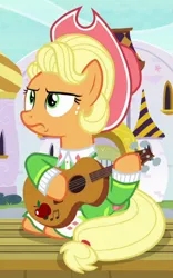 Size: 362x579 | Tagged: safe, derpibooru import, screencap, applejack, earth pony, pony, sparkle's seven, apple chord, cropped, female, freckles, guitar, mare, musical instrument, sitting, solo