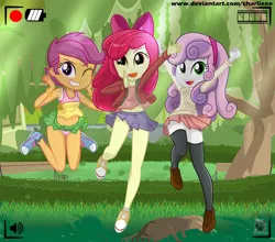 Size: 900x791 | Tagged: dead source, safe, artist:charliexe, derpibooru import, apple bloom, scootaloo, sweetie belle, equestria girls, adorabloom, alternate costumes, alternate outfits, belly button, bow, breasts, camera shot, clothes, converse, cute, cutealoo, cutie mark crusaders, diasweetes, female, grass, hair bow, legs, looking at you, midriff, miniskirt, one eye closed, open mouth, panties, pink underwear, pleated skirt, ribbon, schrödinger's pantsu, shoes, skirt, skirt lift, skirtaloo, smiling, socks, tanktop, thigh highs, thighs, tree, underwear, upskirt, wink, zettai ryouiki