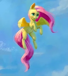 Size: 1093x1228 | Tagged: artist needed, source needed, safe, derpibooru import, fluttershy, pegasus, pony, belly button, blushing, cloud, cute, female, flying, looking up, mare, shyabetes, sky, smiling, solo, spread wings, windswept mane, wings