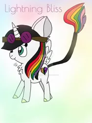 Size: 1024x1365 | Tagged: safe, artist:stardustshimmer24, derpibooru import, oc, oc:lightning bliss, unofficial characters only, alicorn, pony, abstract background, alicorn oc, goggles, horn, multicolored hair, rainbow alicorn, rainbow hair, solo, wings
