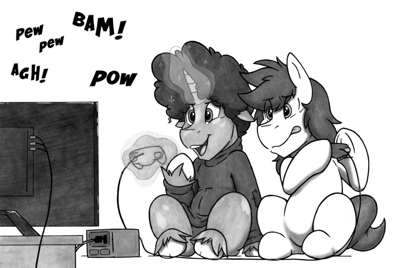 Size: 6383x4307 | Tagged: safe, artist:denzel, derpibooru import, oc, oc:denzel, oc:idle thoughts, unofficial characters only, earth pony, pony, unicorn, afro, controller, gamecube, gamecube controller, magic, monochrome, simple background, sweatshirt, television, unshorn fetlocks