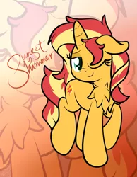 Size: 2328x3000 | Tagged: safe, artist:kimjoman, derpibooru import, sunset shimmer, ponified, pony, unicorn, equestria girls, chest fluff, cute, equestria girls ponified, female, gradient background, lidded eyes, looking at you, mare, one eye closed, smug, solo, text, wink, zoom layer