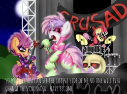 Size: 668x494 | Tagged: safe, artist:paulpeopless, derpibooru import, edit, editor:undeadponysoldier, apple bloom, scootaloo, sweetie belle, pegasus, pony, unicorn, animal i have become, clothes, concert, crowd, cutie mark crusaders, drums, electric guitar, fog, guitar, lyrics, makeup, mascara, microphone, moon, musical instrument, parody, red eyes, show stopper outfits, singing, skull, song reference, stage, text, three days grace