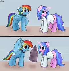 Size: 2451x2530 | Tagged: safe, artist:the-furry-railfan, derpibooru import, rainbow dash, oc, oc:pressure limit, pony, choker, clothes, ear piercing, excited, hood, jewelry, lab coat, magic, piercing, rubber, sensory deprivation, spread wings, telekinesis, wingboner, wings