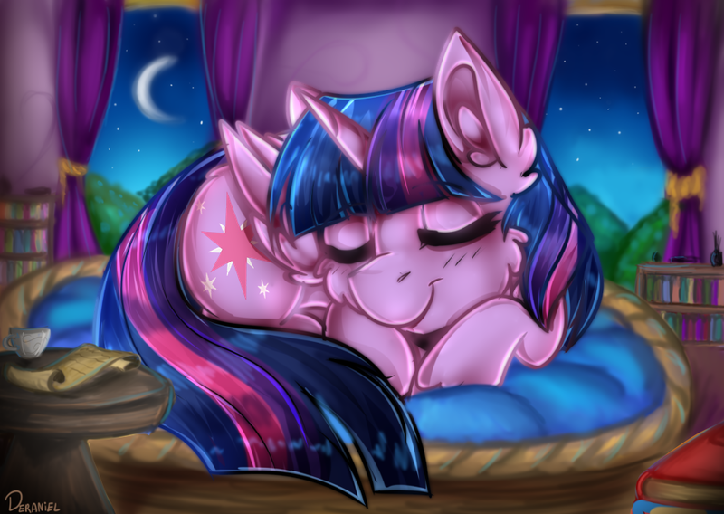 Size: 921x654 | Tagged: safe, artist:deraniel, derpibooru import, twilight sparkle, twilight sparkle (alicorn), alicorn, pony, behaving like a cat, book, bookshelf, crescent moon, curled up, cute, ear fluff, eyes closed, moon, night, scroll, sleeping, smiling, solo, twiabetes, weapons-grade cute