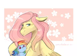 Size: 1308x955 | Tagged: safe, artist:piidorenko, derpibooru import, fluttershy, pegasus, pony, abstract background, colored hooves, floppy ears, holding, implied flutterdash, implied lesbian, implied shipping, rainbow dash plushie, solo, text