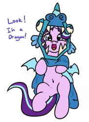 Size: 635x872 | Tagged: safe, artist:jargon scott, derpibooru import, starlight glimmer, pony, unicorn, :d, balancing, belly button, bipedal, board game, clothes, costume, cute, dialogue, dragon costume, dragon pit, fake wings, female, glimmerbetes, happy, looking at you, mare, open mouth, raised leg, reformed starlight, simple background, smiling, solo, text, white background