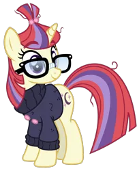 Size: 1500x1838 | Tagged: safe, artist:sketchmcreations, derpibooru import, moondancer, pony, unicorn, the point of no return, clothes, female, glasses, mare, simple background, smiling, solo, sweater, transparent background, vector