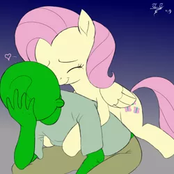 Size: 2000x2000 | Tagged: safe, artist:tomtornados, derpibooru import, fluttershy, oc, oc:anon, pegasus, pony, colored, cuddling, cute, depressed, facepalm, flat colors, heart, hug, sad, shyabetes, sitting