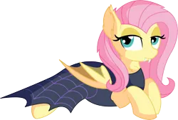 Size: 8028x5383 | Tagged: safe, artist:cyanlightning, derpibooru import, fluttershy, bat pony, pegasus, pony, scare master, .svg available, absurd resolution, bat ears, bat ponified, cape, clothes, costume, fangs, female, flutterbat, flutterbat costume, looking at you, mare, nightmare night, nightmare night costume, prone, race swap, simple background, solo, transparent background, vector