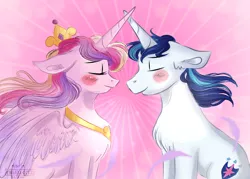 Size: 1280x915 | Tagged: safe, artist:compassrose0425, derpibooru import, princess cadance, shining armor, alicorn, pony, unicorn, a canterlot wedding, blushing, chest fluff, eyes closed, female, horn, horns are touching, male, mare, power of love, shiningcadance, shipping, smiling, stallion, straight