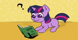 Size: 1280x665 | Tagged: safe, artist:cadetredshirt, derpibooru import, twilight sparkle, pony, unicorn, fail, female, filly, filly twilight sparkle, i never learned to read, lying down, no cutie marks yet, reading, simple background, solo, worried, younger