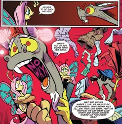 Size: 820x830 | Tagged: safe, artist:andypriceart, derpibooru import, idw, discord, fluttershy, butterfly, butterfly pony, draconequus, hybrid, pony, spoiler:comic, spoiler:comic77, antennae, butterfly wings, comic, female, magnum p.i., male, mare, official comic, panic attack, panicking, red background, simple background, species swap, speech bubble, sunglasses, wings