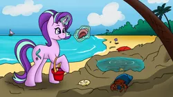 Size: 1280x720 | Tagged: safe, artist:cadetredshirt, derpibooru import, starlight glimmer, crab, pony, unicorn, beach, cloud, female, magic, mare, ocean, pail, palm tree, reformed starlight, seashell, simple background, smiling, solo, tide pools, tree