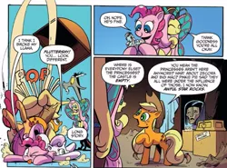 Size: 817x604 | Tagged: safe, artist:andypriceart, derpibooru import, idw, apple bloom, applejack, cha cha, discord, fluttershy, pinkie pie, scootaloo, sweetie belle, butterfly, butterfly pony, draconequus, earth pony, flutter pony, hybrid, pony, spoiler:comic, spoiler:comic77, antennae, blue background, butterfly wings, comic, cutie mark crusaders, female, male, mare, mask, official comic, simple background, snow white and the seven dwarfs, species swap, speech bubble, the mask, wings